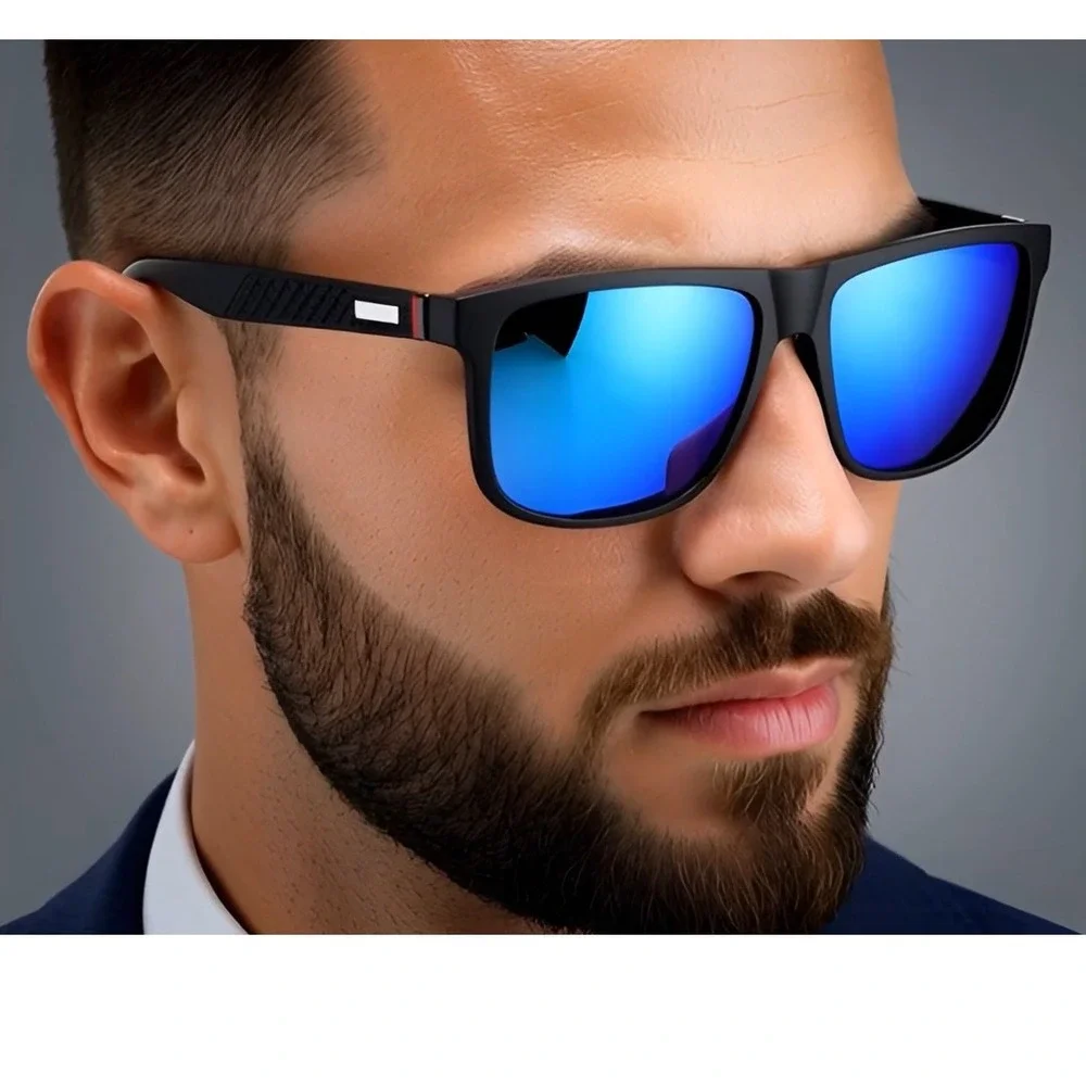 Men's Black Rectangular Sunglasses Blue Mirrored‎ Lenses PC Frame Lentes Gafas